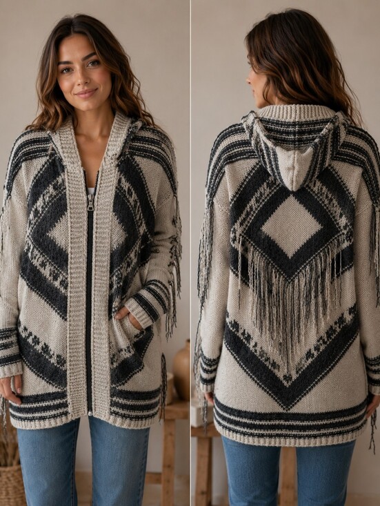 Free People Sweaters - Free People Hooded Zip Cardigan in Beige and Black